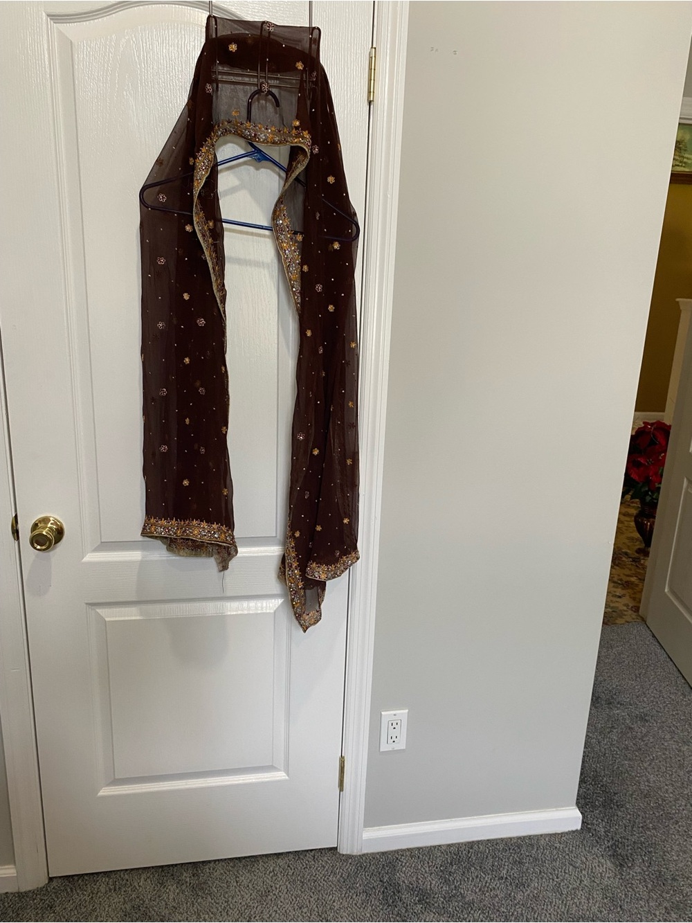 Embroidered Brown Sheer Scarf with Gold & Marigold Accents - Picture 2 of 7